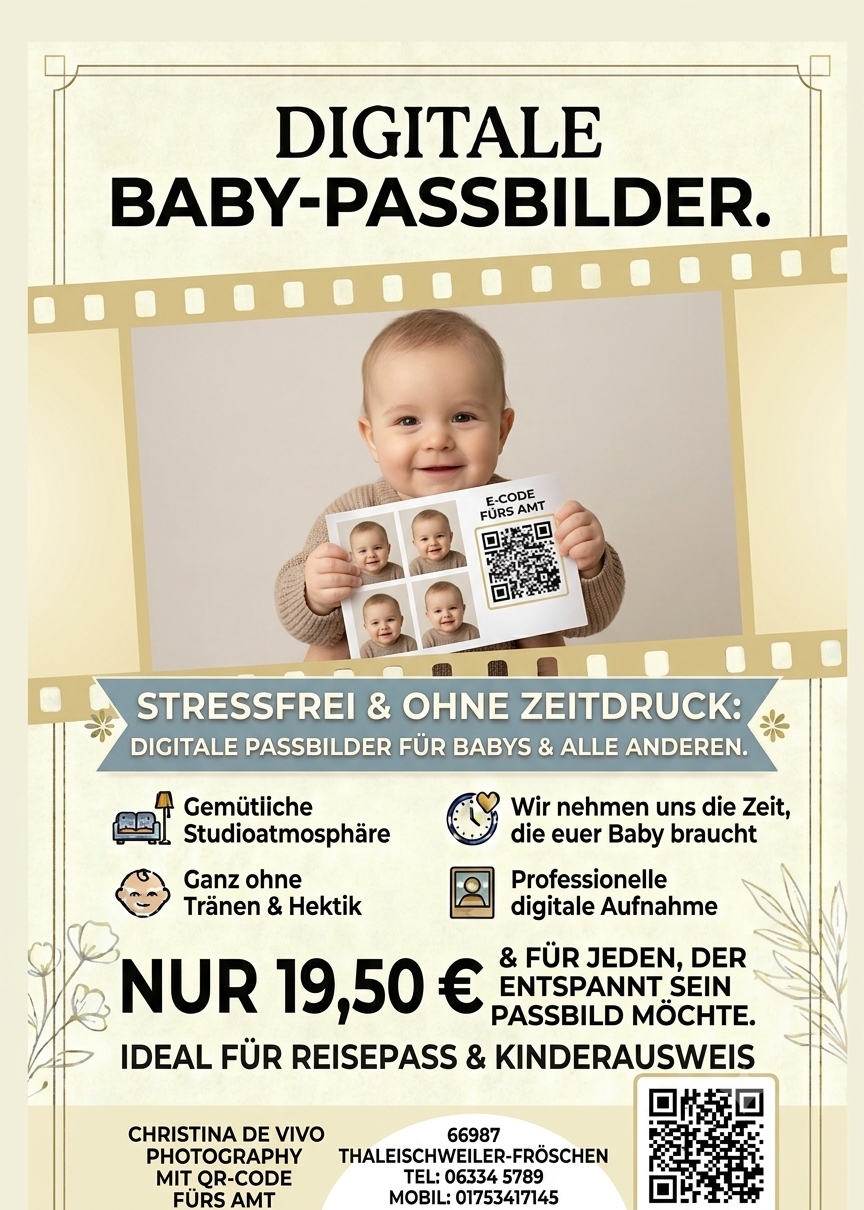 Passbild mit QR Code vom Profi in 66987 Thaleischweiler-Fröschen bei Pirmasens, auch für Babys